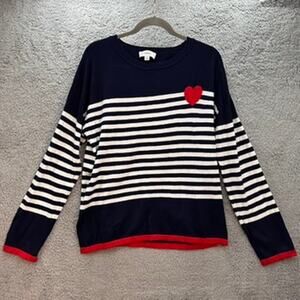 CeCe Large Knit Sweater Red Heart White Blue Stripes Long Sleeve Valentine's Day